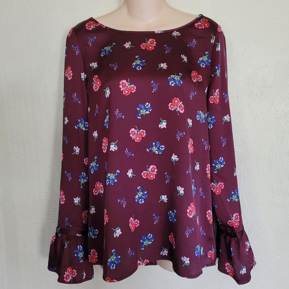 Express Maroon Floral Bell Sleeve Blouse Size Women's Medium - Picture 1 of 11